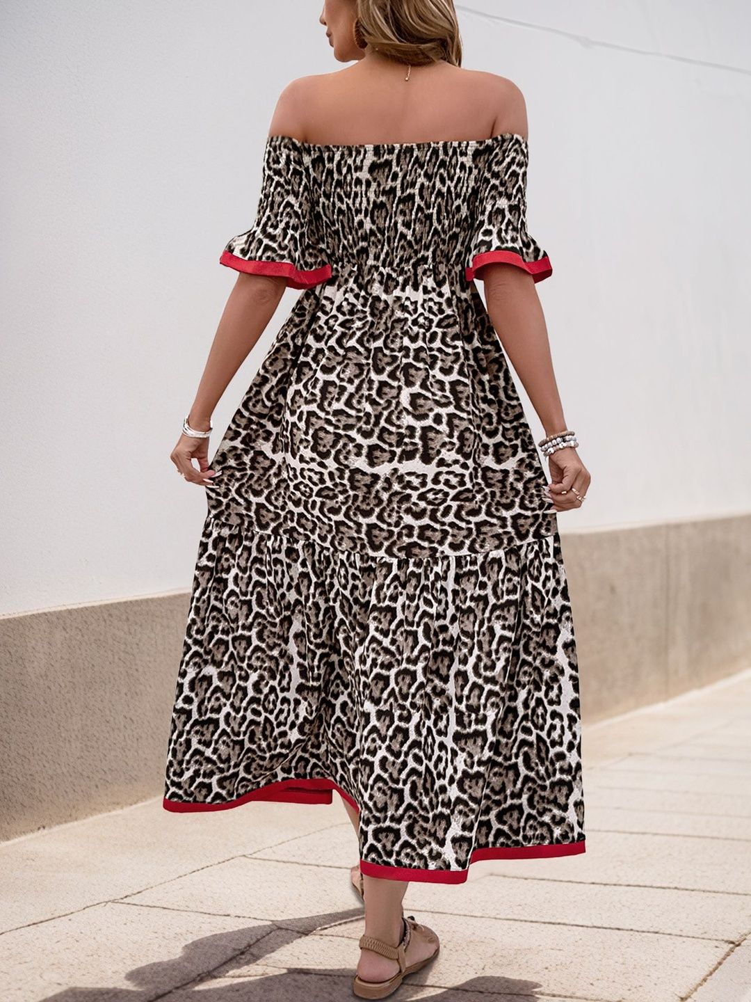 Animal Print Off-Shoulder Flared Sleeve Fit & Flare Midi Dress