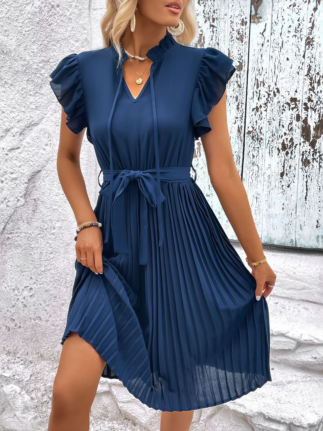 Tie-Up Neck Flutter Sleeve Fit & Flare Midi Dress