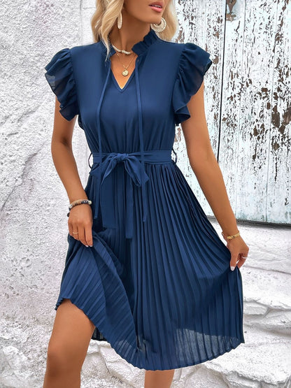 Tie-Up Neck Flutter Sleeve Fit & Flare Midi Dress