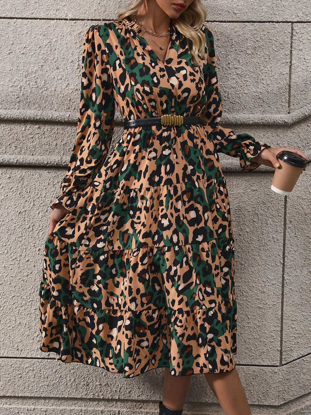 Women's Brown Nowi Animal Print A-Line Midi Dress