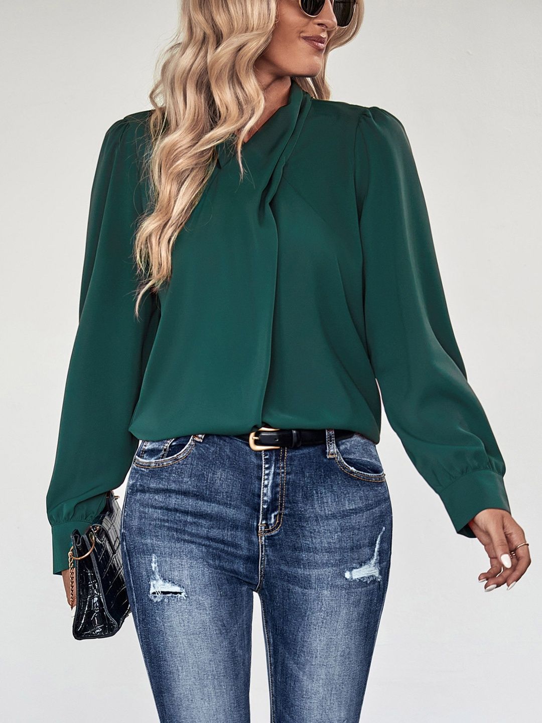 Women's Elegant Green Top With Pleated Detailing