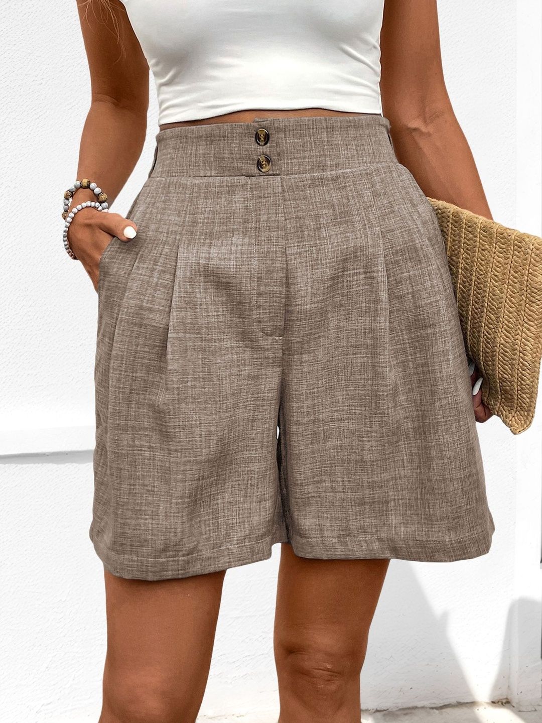Women High-Rise Linen Shorts