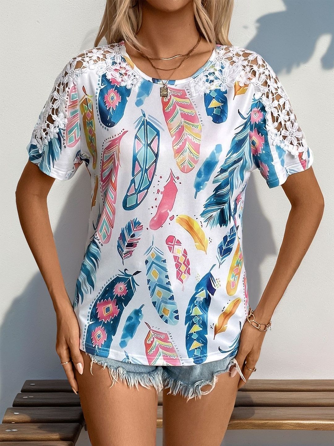 Women's White Tribal Print Top with Lace Inserts