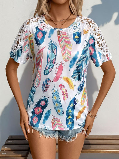 Women's White Tribal Print Top with Lace Inserts