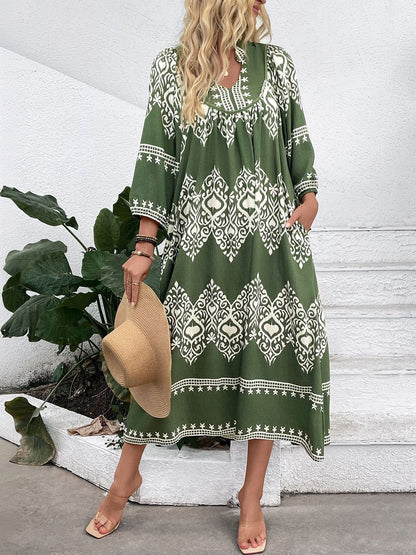 Bohemian Print Kaftan Midi Dress in Green cotton Printed - Nowi Korean Fashion