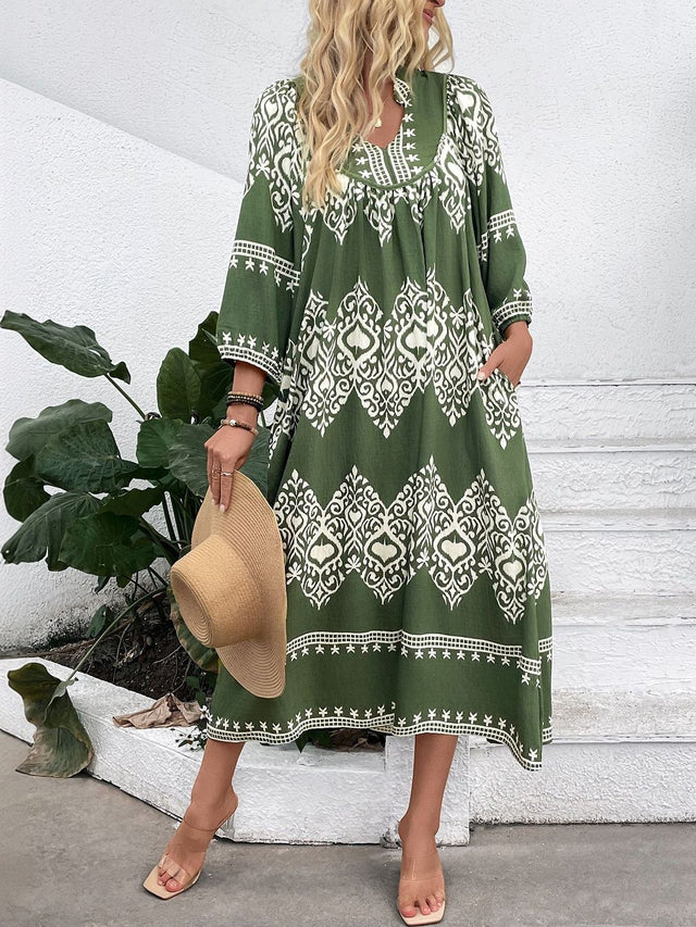 Bohemian Print Kaftan Midi Dress in Green cotton Printed - Nowi Korean Fashion