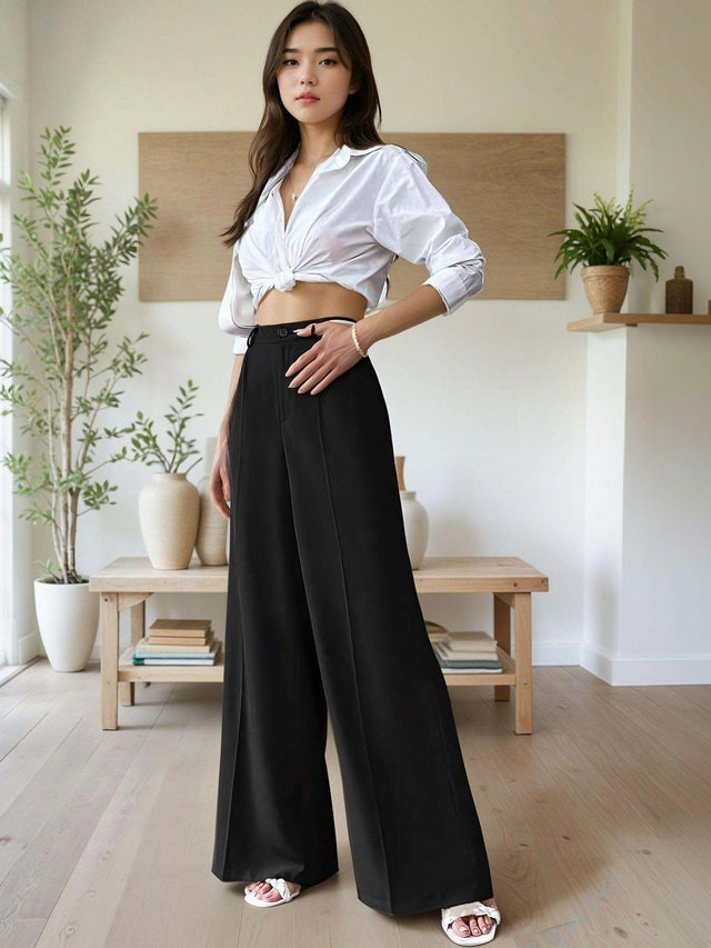 Flared High-Rise Trousers in Black polyester Style 8 - Nowi Korean Fashion