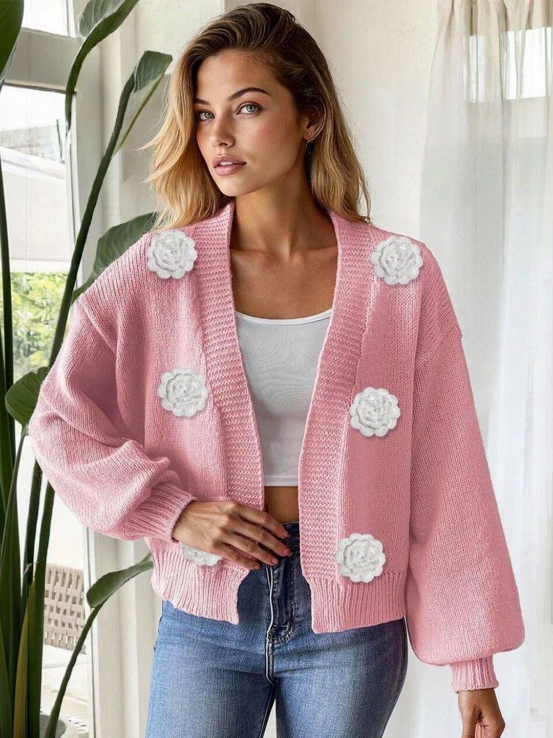 Cardigan with Applique Detail in Pink acrylic Style 572 - Nowi Korean Fashion
