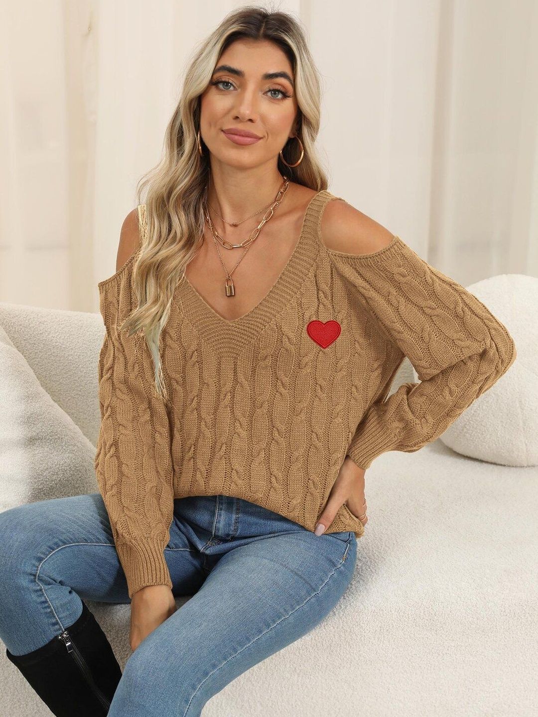 Women Cable Knit Pullover with Embroidered Detail