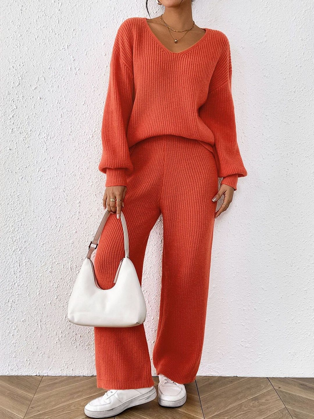 Orange Knitted V-Neck Sweater with Trousers