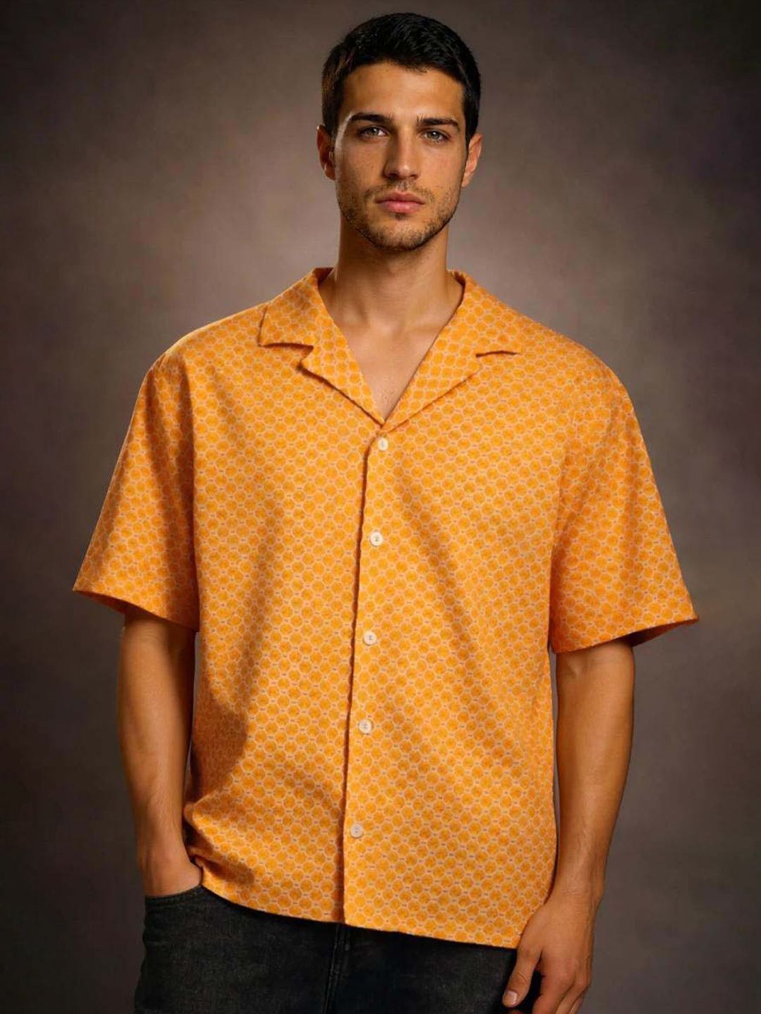 Geometric Printed Cuban Collar Cotton Casual Shirt in Yellow - Nowi Korean Fashion