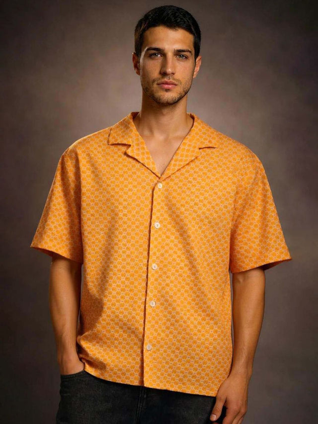 Geometric Printed Cuban Collar Cotton Casual Shirt in Yellow - Nowi Korean Fashion