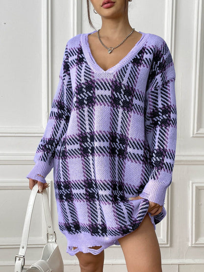 Women Checked Pullover with Fringed Detail