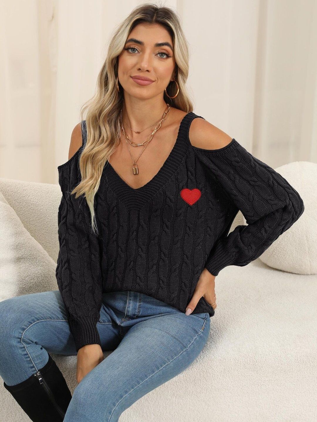 Women Cable Knit Pullover with Embroidered Detail