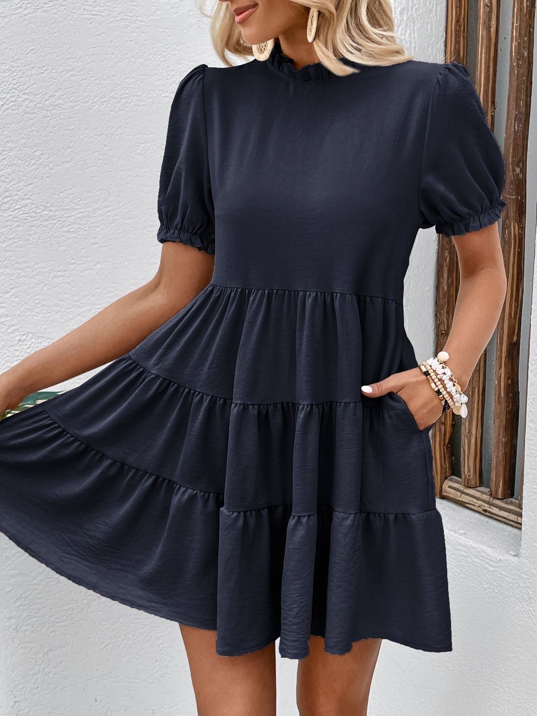 Puff Sleeve Ruffled Fit & Flare Dress