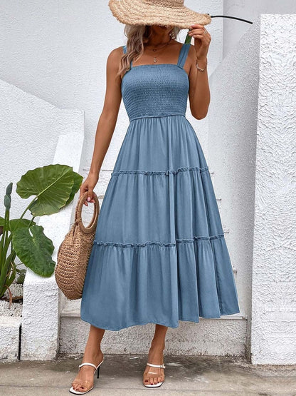 A-Line Midi Dress in Blue polyester Style 26 - Nowi Korean Fashion