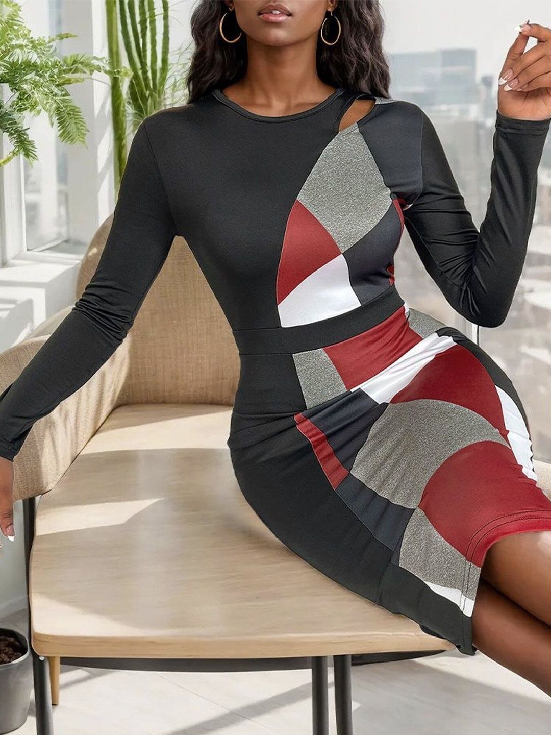 Women's Black Colourblocked Bodycon Midi Dress