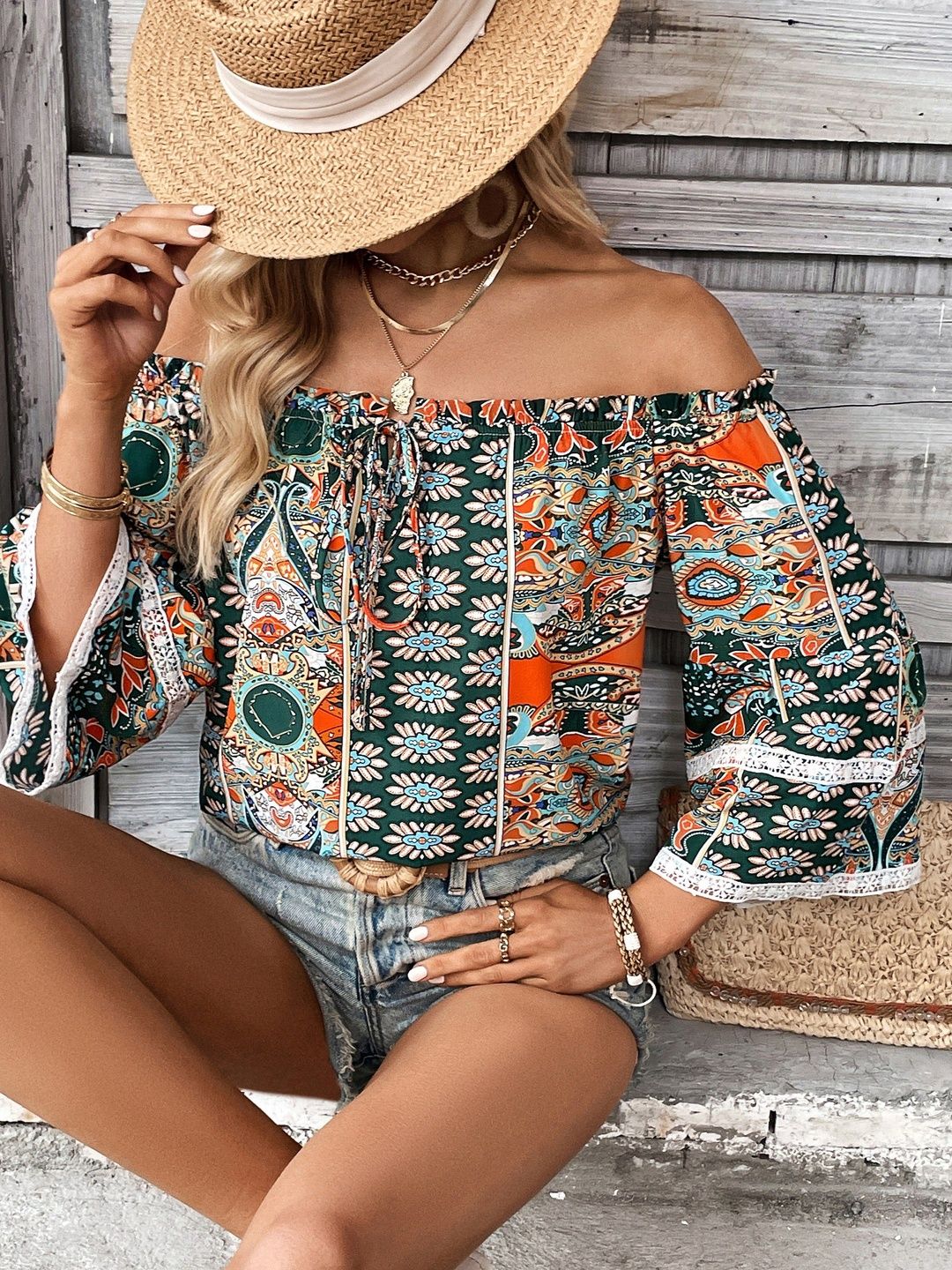 Print Off-Shoulder Bell Sleeve Bohemian Cotton Top