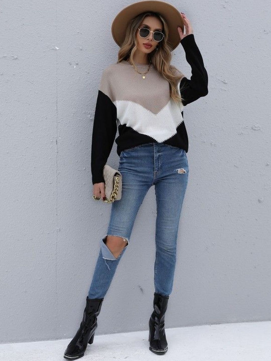 Women's Brown Colourblocked Pullover Blend Printed
