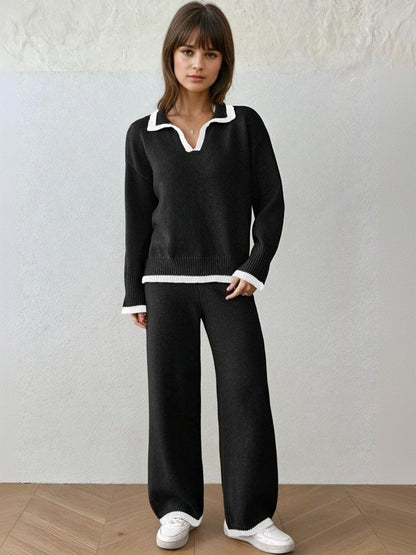 Knitted Solid Sweater with Palazzos in Black - Nowi Korean Fashion