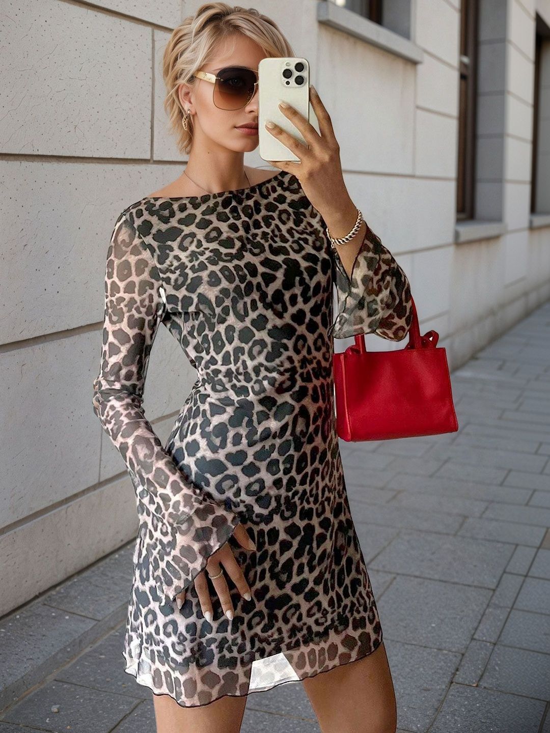NOWI Animal Print Flared Sleeve Bodycon Mini Dress