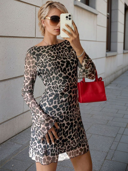 NOWI Animal Print Flared Sleeve Bodycon Mini Dress