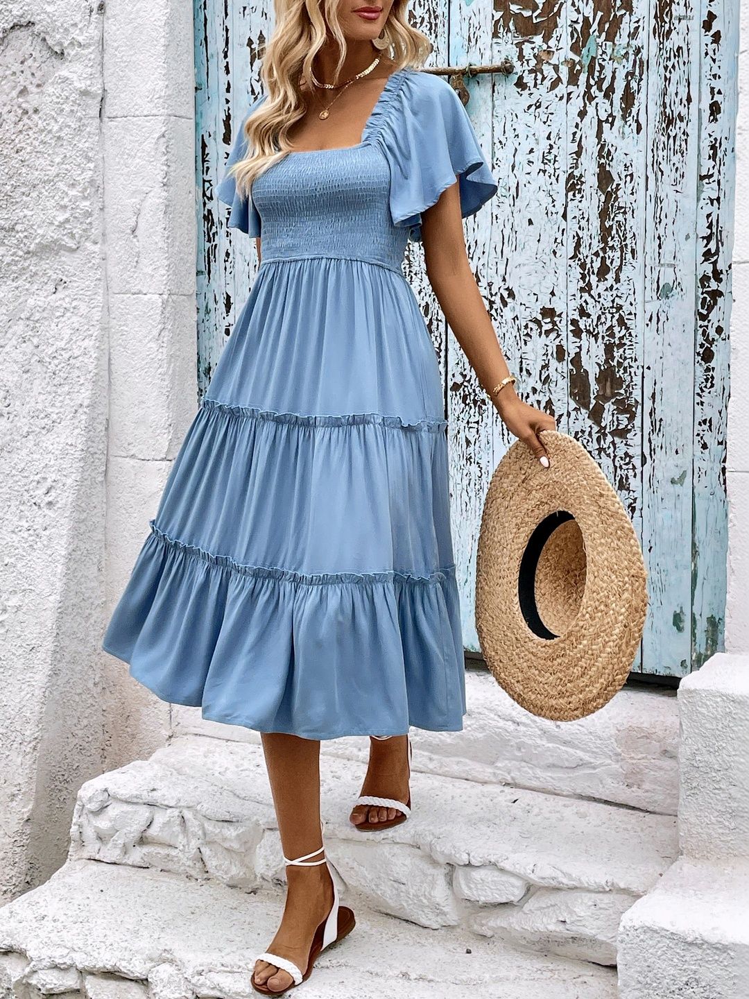 Off-Shoulder Flutter Sleeve Fit & Flare Midi Dress