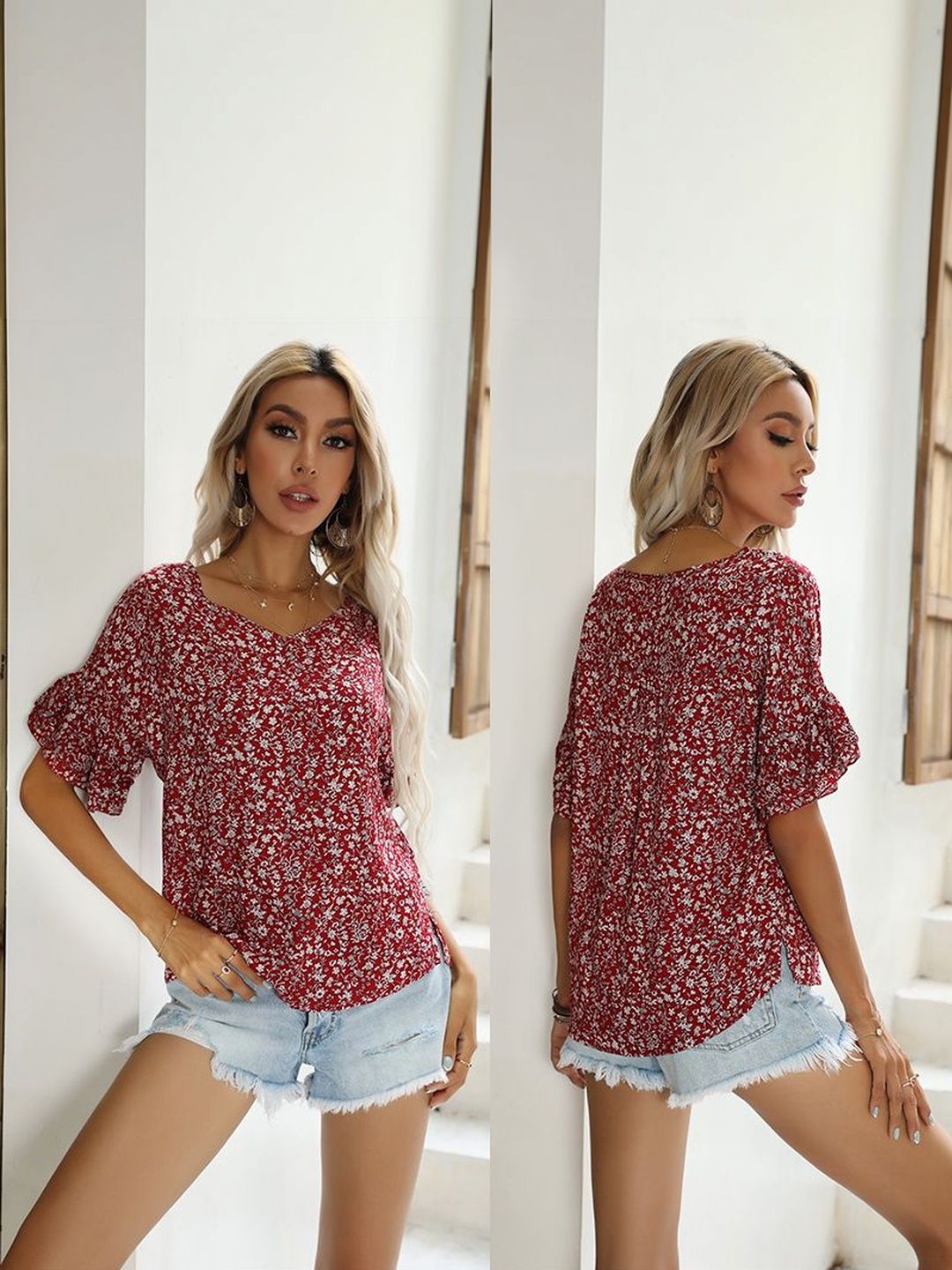 Floral Print Flutter Sleeve Ruffles Cotton Top