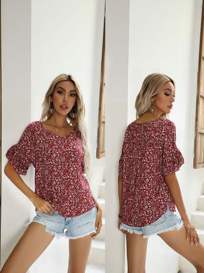 Floral Print Flutter Sleeve Ruffles Cotton Top