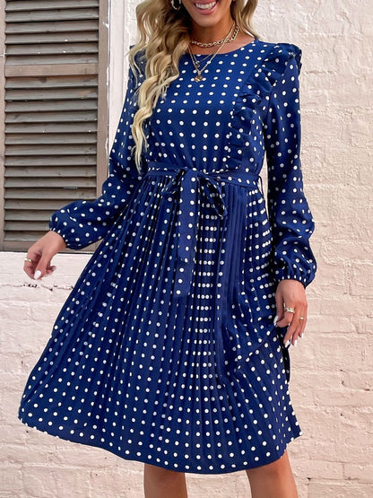 NOWI Polka Dot Print Fit & Flare Midi Dress - Nowi Korean Fashion
