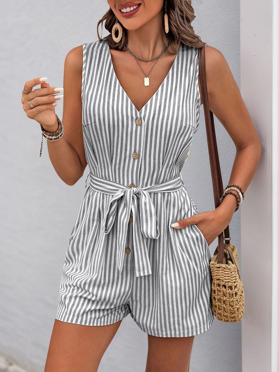 Striped Basic Jumpsuit in Grey cotton - Nowi Korean Fashion