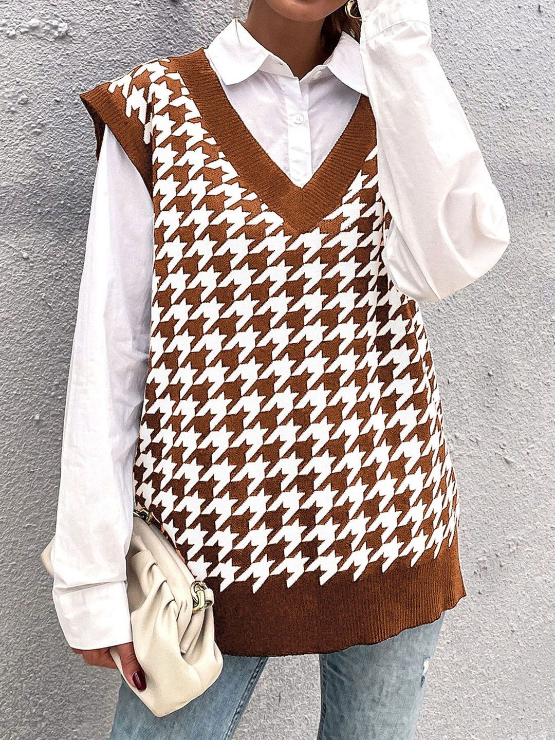 Women's Brown Checked Printed Sweater Vest