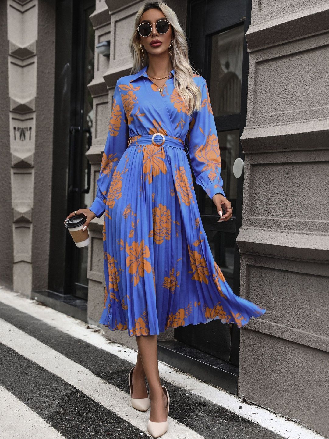 Floral Print A-Line Midi Dress in Blue - Nowi Korean Fashion