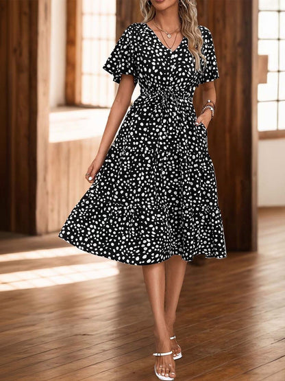 Polka Dot Printed Flared Sleeve Fit & Flare Midi Dress in Black polyester - Nowi Korean Fashion