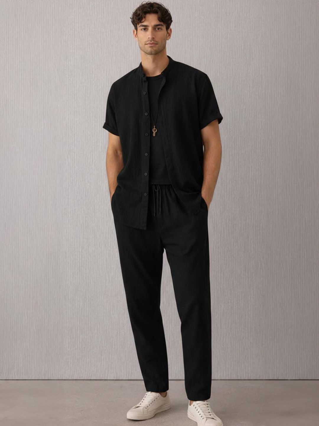 Solid Shirt & Trouser Co-Ord Set in Black - Nowi Korean Fashion