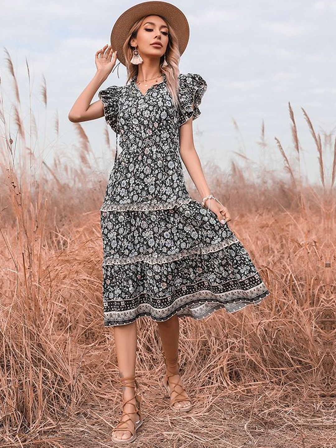 Floral Print Flutter Sleeve Fit & Flare Midi Dress