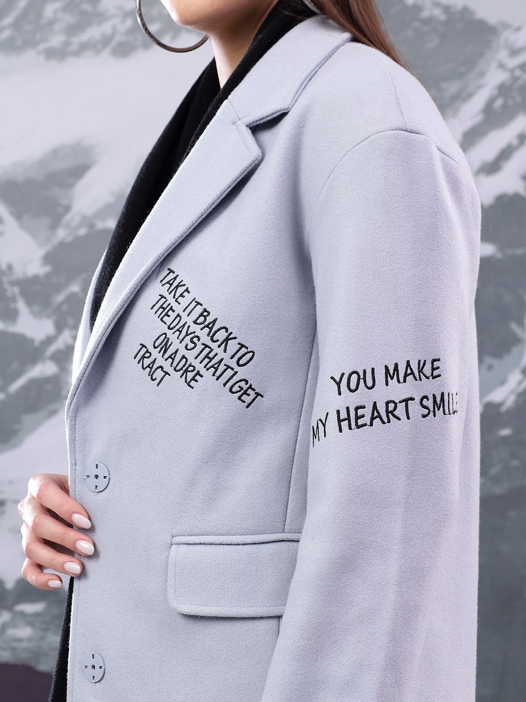 Nowi Typography Printed Single Breasted Coat