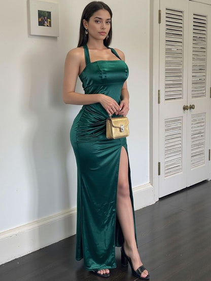Women's Green Halter Neck Sheath Maxi Dress