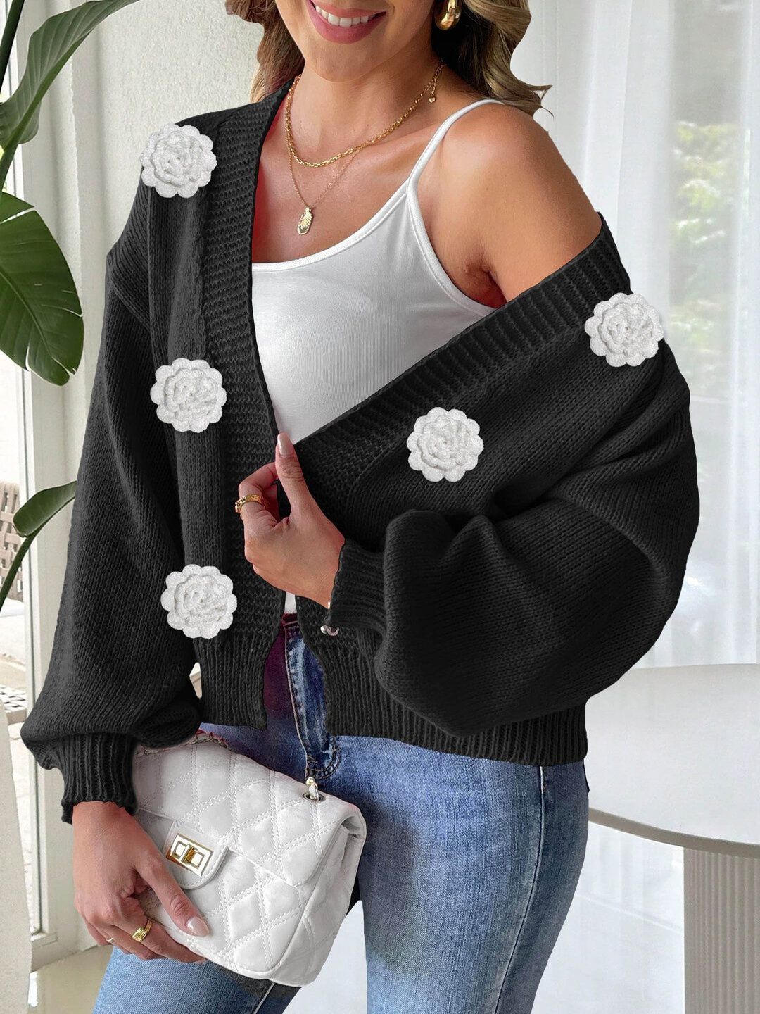 Cardigan with Applique Detail in Black acrylic Long Sleeve - Nowi Korean Fashion