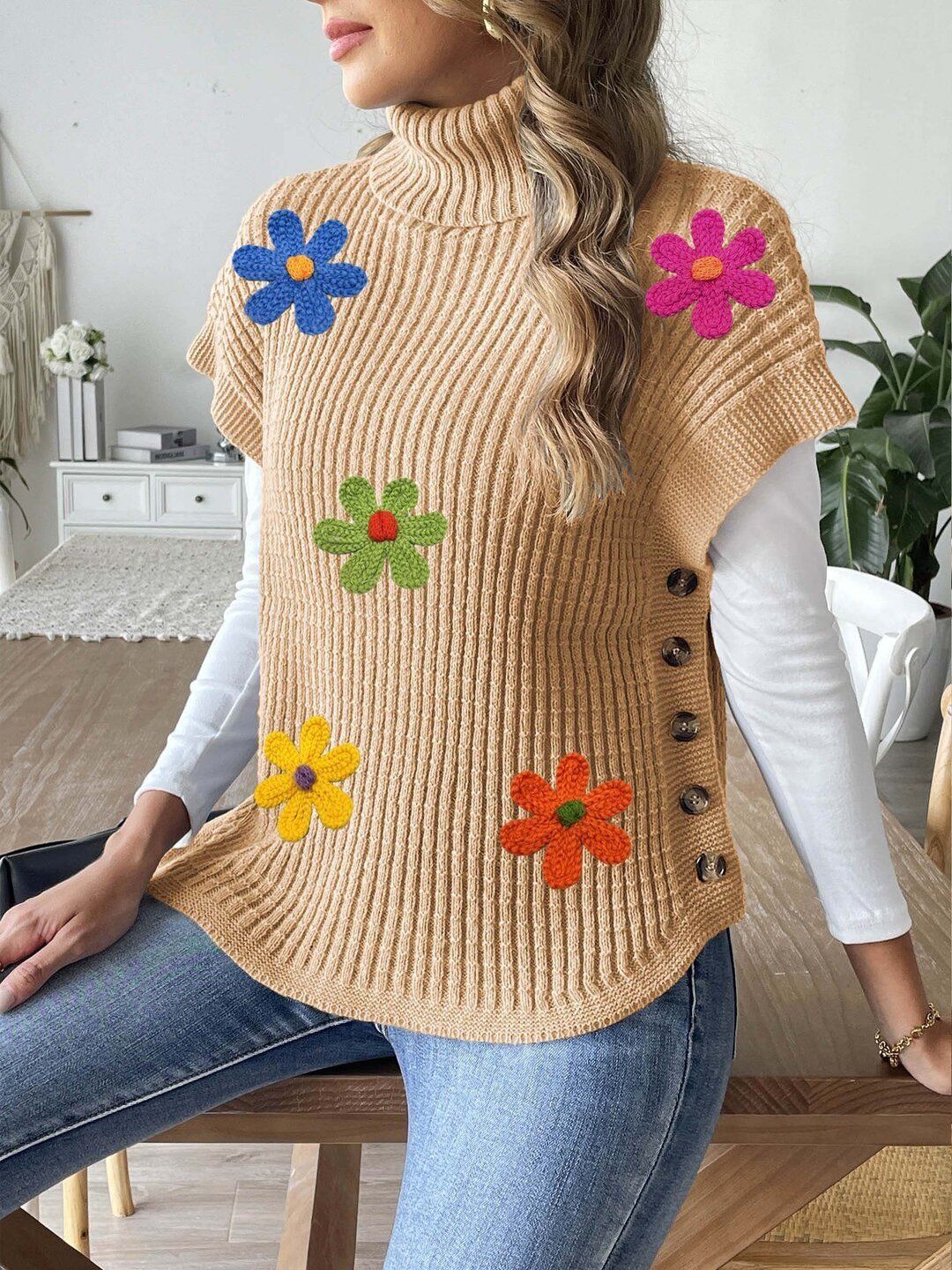 Women Colourblocked Ribbed Sweater Vest with Embroidered Detail