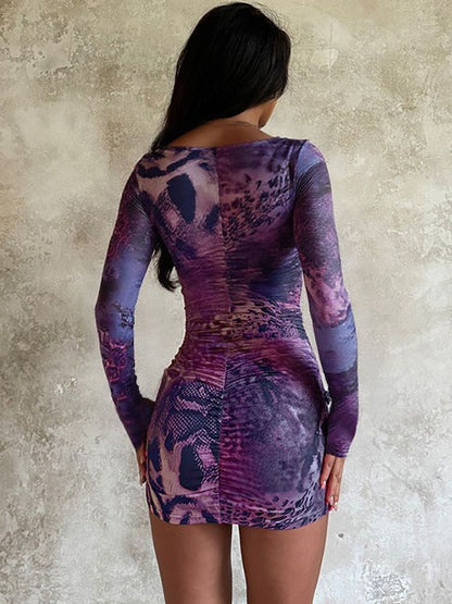 Women's Purple Print Ruffled Bodycon Mini Dress