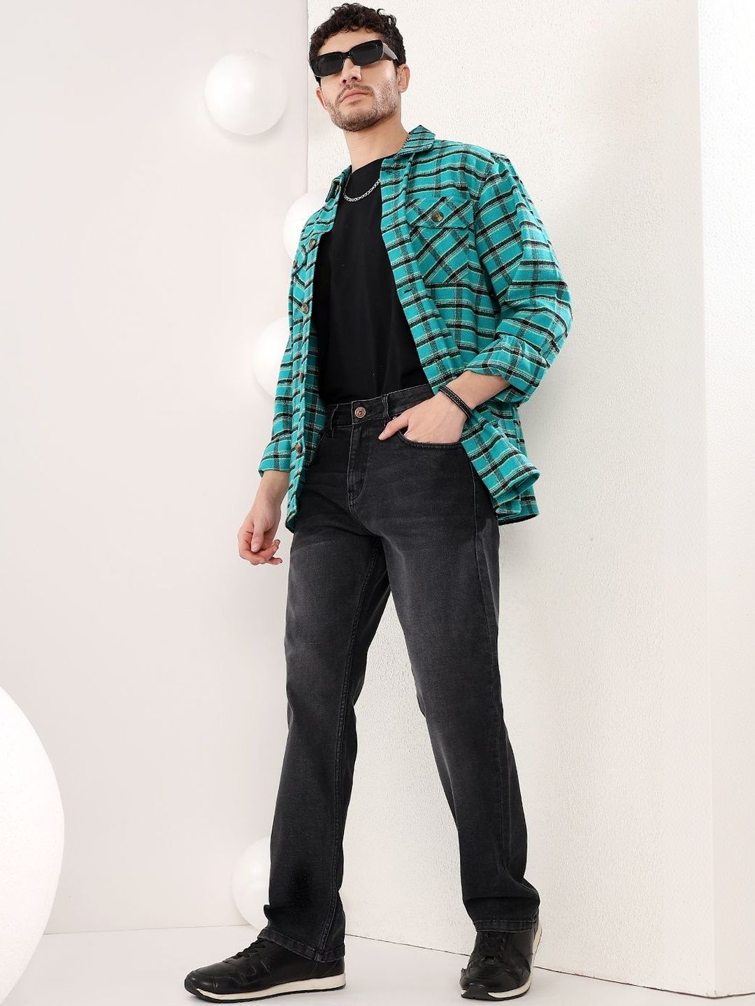 Checked  Spread Collar Shackets in Blue Cotton - Nowi Korean Fashion