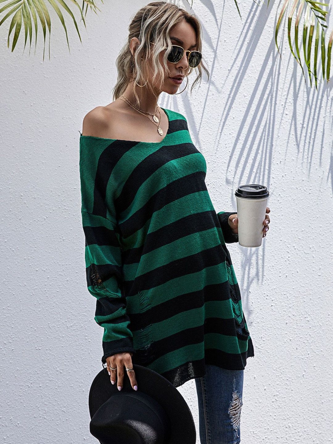 Women's Green Striped Pullover Blend Regular Fit