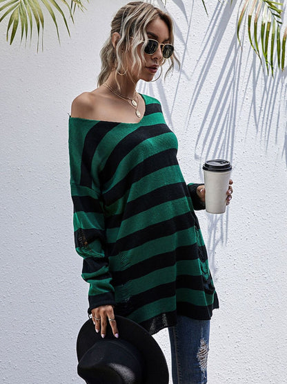 Women's Green Striped Pullover Blend Regular Fit