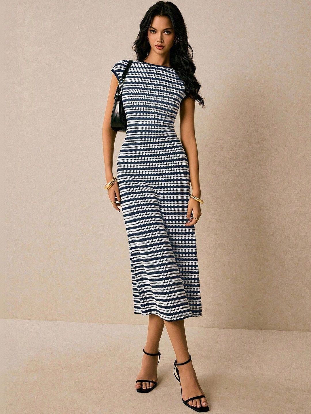 Striped Bodycon Midi Dress in Blue cotton - Nowi Korean Fashion