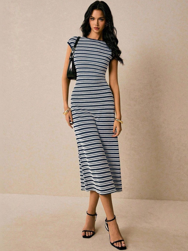 Striped Bodycon Midi Dress in Blue cotton - Nowi Korean Fashion