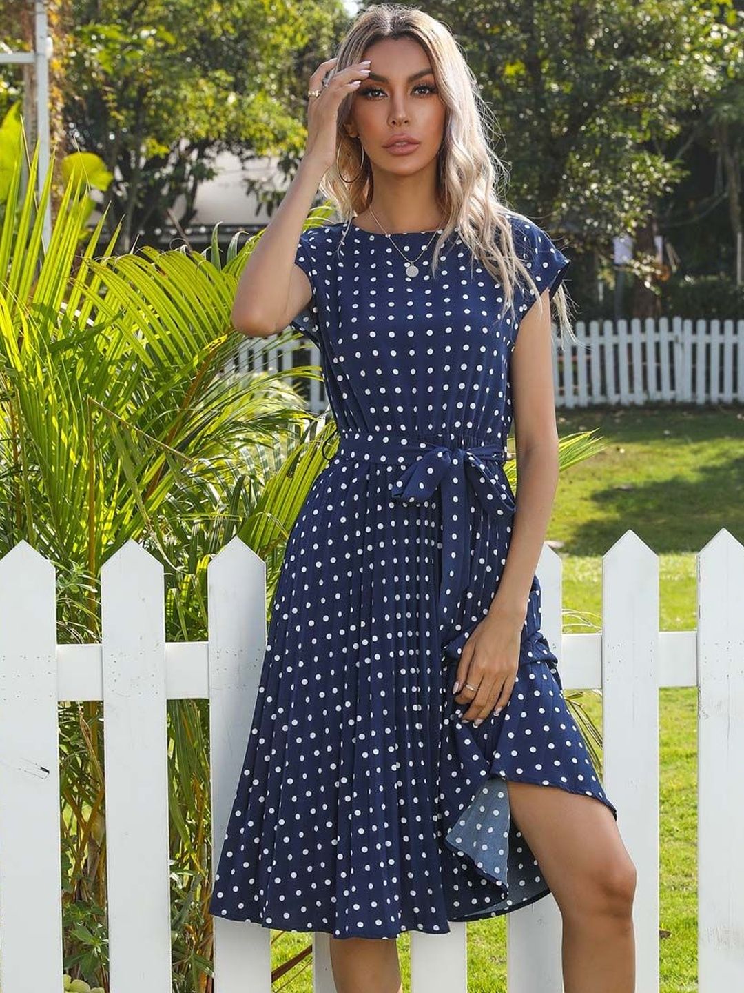 Polka Dot Print A-Line Midi Dress - Nowi Korean Fashion