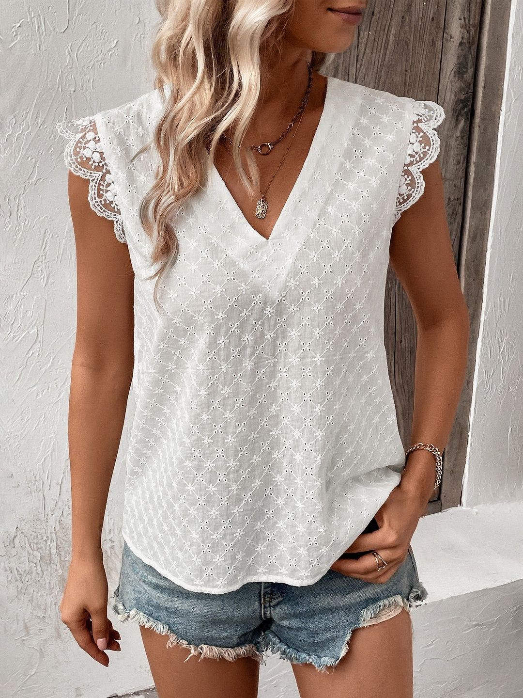 White Embroidered V-Neck Top