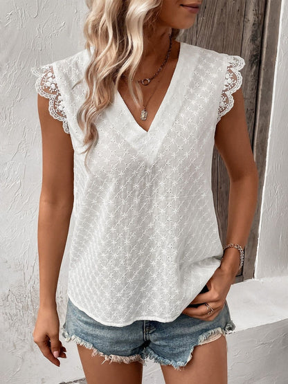 White Embroidered V-Neck Top