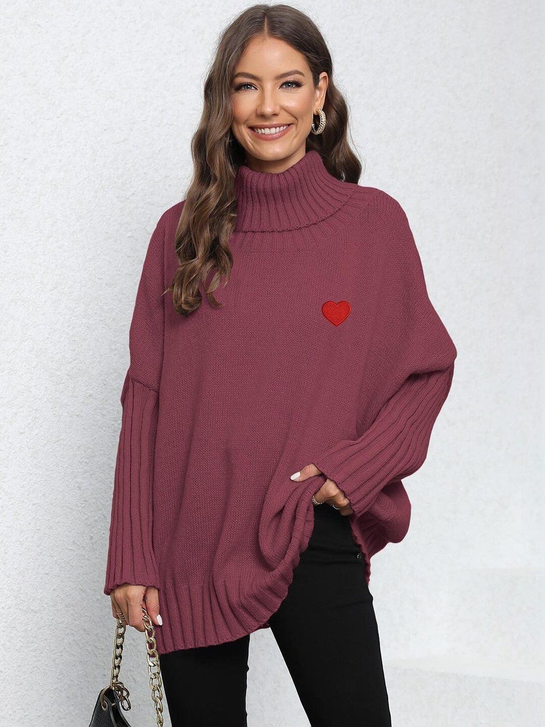 Pullover with Embroidered Detail in Maroon acrylic - Nowi Korean Fashion